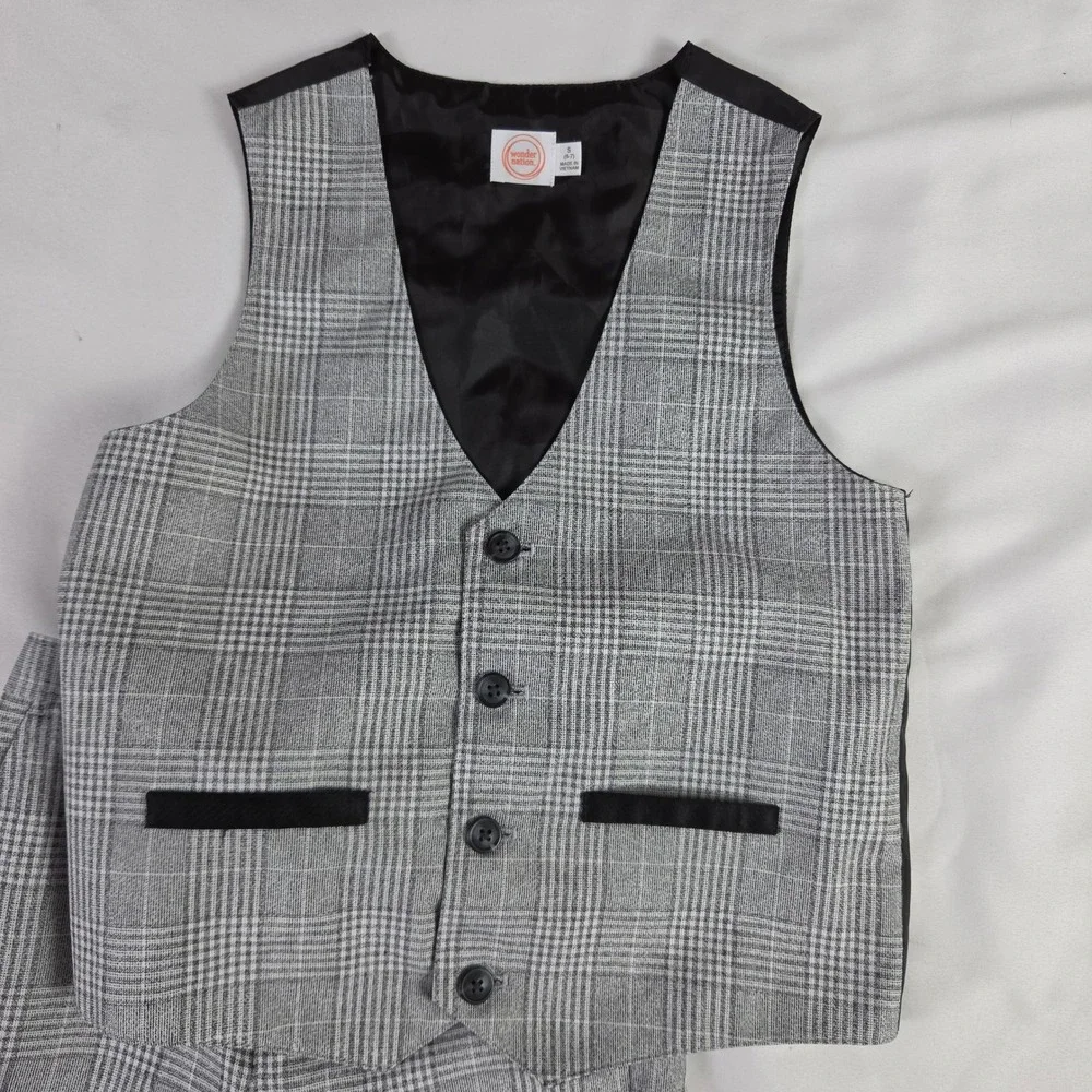 Wonder Nation Boys size‎ 7/8 black white glen plaid check dress pants & vest